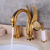 Tuqiu Gold Brass Swan Basin Faucet with Shower Head Bathroom Faucet Sink Mixer Tap Widespread Lavotory Faucet Sink Mixer