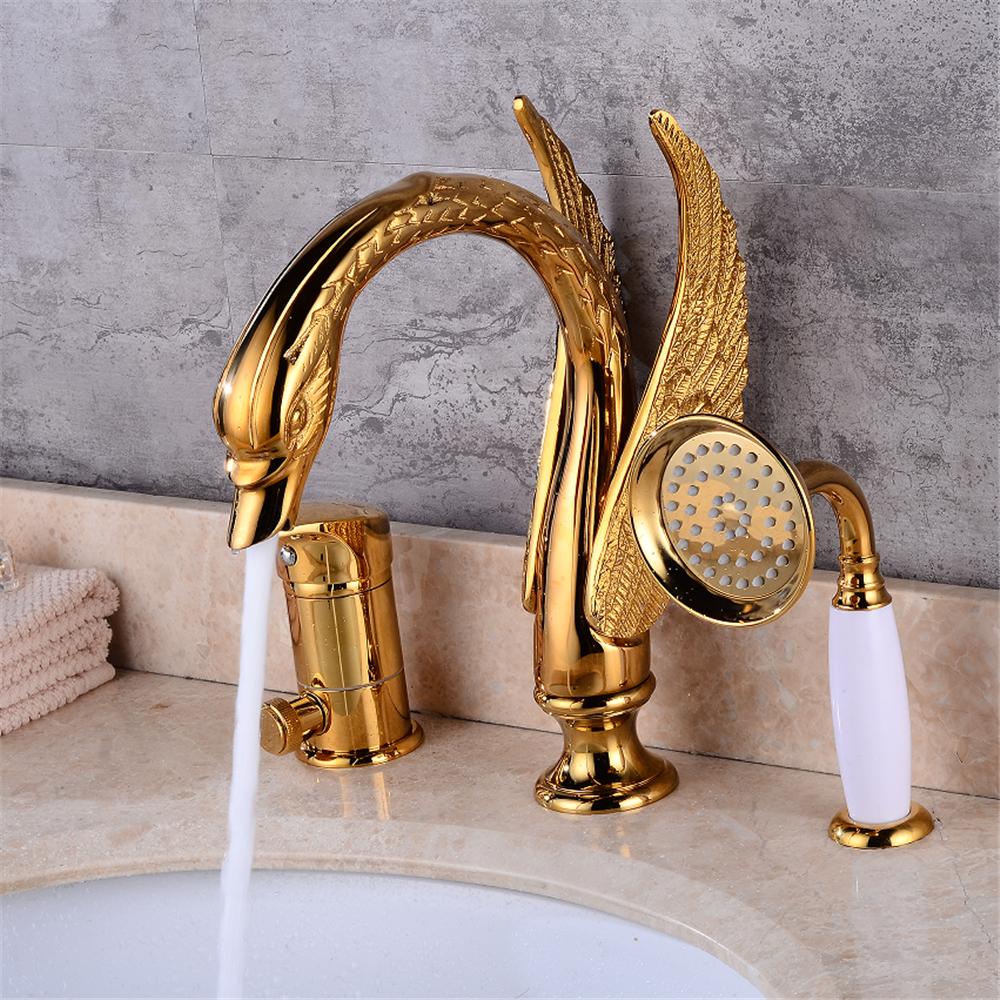 Tuqiu Gold Brass Swan Basin Faucet with Shower Head Bathroom Faucet Sink Mixer Tap Widespread Lavotory Faucet Sink Mixer