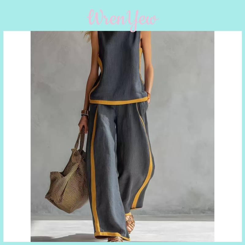 Womens Summer Sleeveless Color Block Pantsuit With Pockets And Splicing For Casual Wear