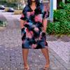 Summer Plus Size V Neck Short Sleeve Knee Pocket  Print Casual Dress For Women