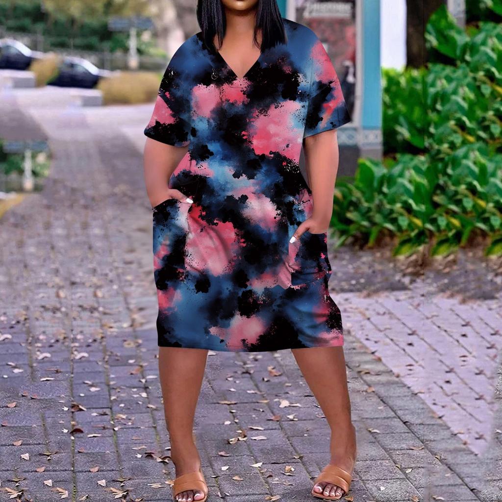 Summer Plus Size V Neck Short Sleeve Knee Pocket Print Casual Dress For Women