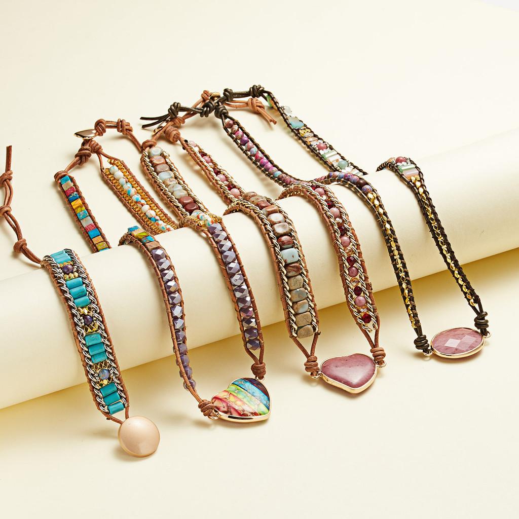 Ethnic Style Three Layer Winding Leather Jewelry With Colorful Crystal Chips For Fashion Wear