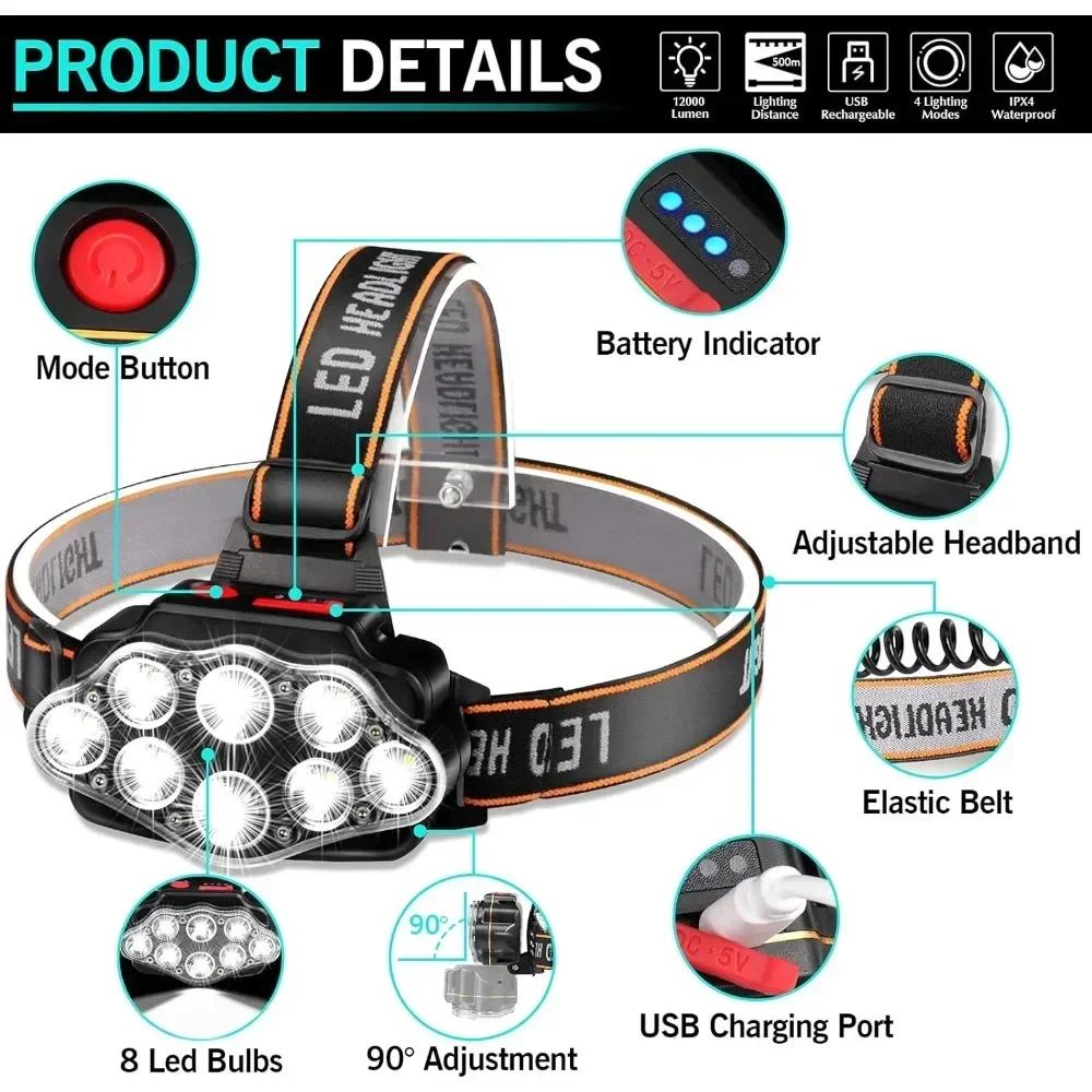 Налобный фонарь с USB-зарядкой, яркий, с высокой светоотдачей, с 8 светодиодами, 4 режима, водонепроницаемый налобный фонарь IPX4