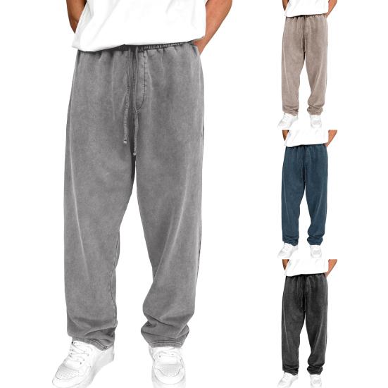 Men Sport Pants Wide Leg Drawstring Elastic Waist Pure Color Sweatpants Full