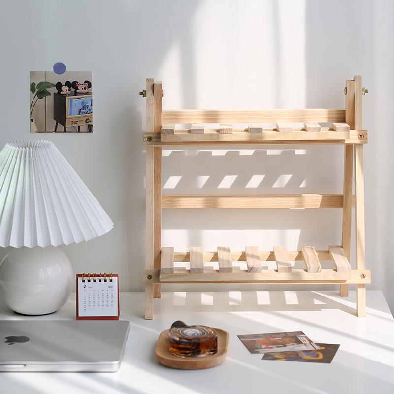 Wooden Storage Shelf 2-Tiers Desktop Organizer Shelves Trapezoidal Desk Display Rack Desktop Stationary Office Storage Rack
