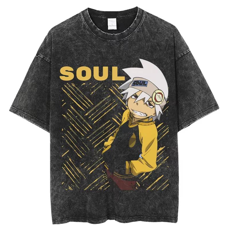 Япония Аниме Soul Eater Печатная Футболка Мужская Стиранный Хлопок Футболки Повседневная Свободная Манга Футболка Харадзюку Мужская Уличная Винтажная Футболка Топ