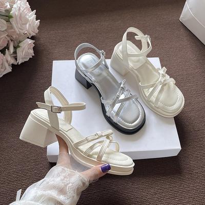 Летние новые французские модные универсальные сандалии на толстом каблуке с открытым носком, фея фея стиль бант слово с сандалиями на высоком каблуке