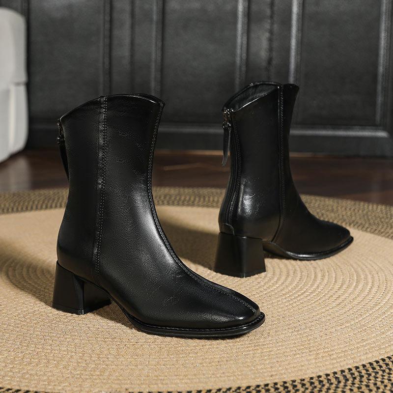 Короткие ботильоны на толстом каблуке женские 2024 новые ботильоны средней высоты диагональные коричневые французские маленькие короткие ботильоны квадратный носок высокий каблук тонкие ботильоны