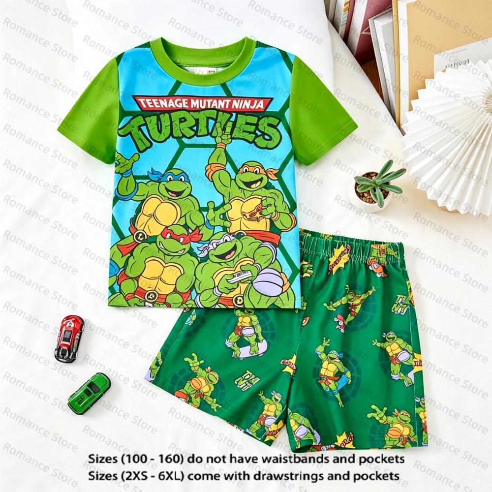 Kids Adult Mutant Ninja Turtles 2PCS Outfit Cartoon Print Crew Neck T Shirt Green White Grid Shorts Summer Casual Sleep Suit