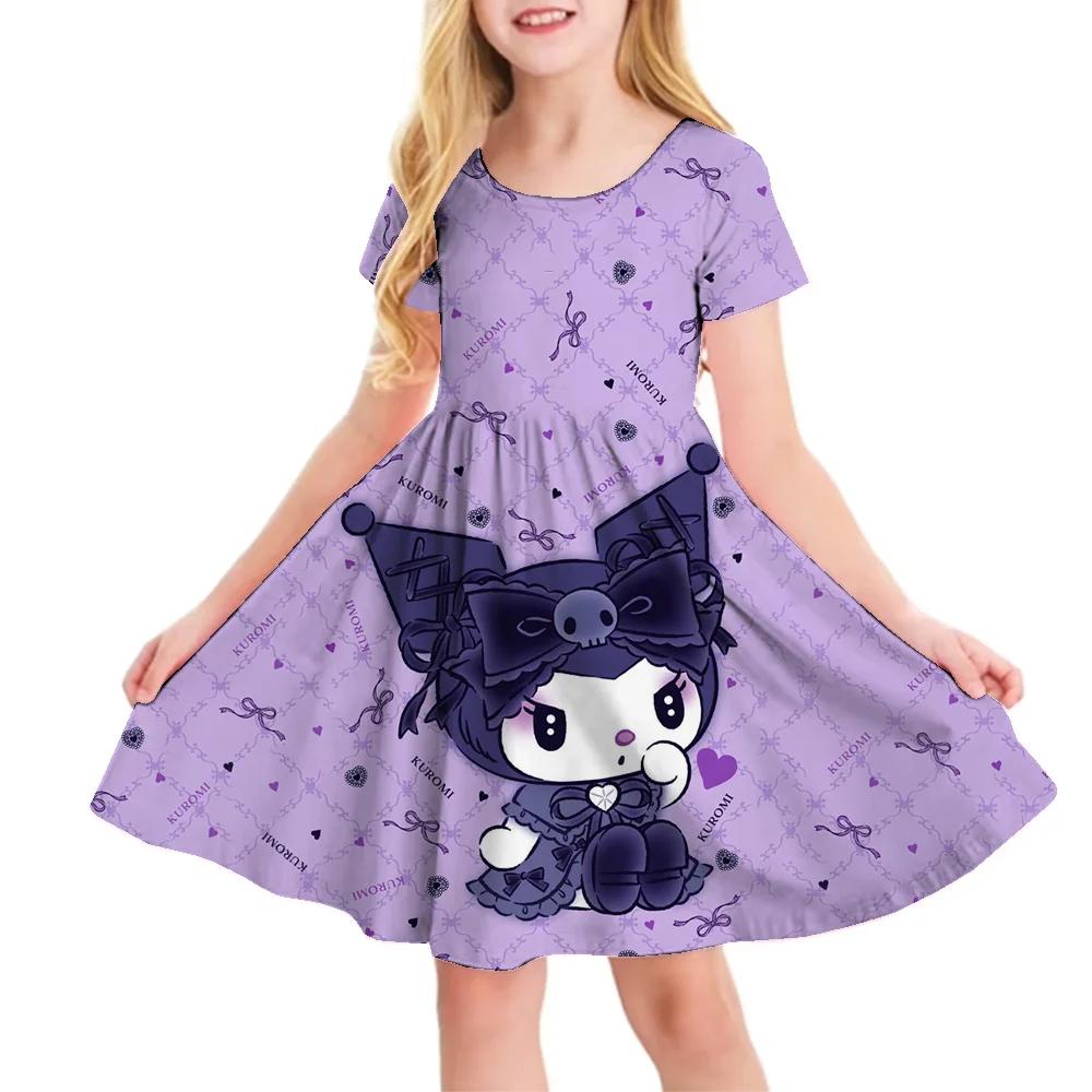 Sanrio Новое Летнее Платье для Девочек Модное Мультяшное Милое Киннаморолл и Хелло Китти Платье с 3D-печатью Детская Одежда с Коротким Рукавом Принцессы