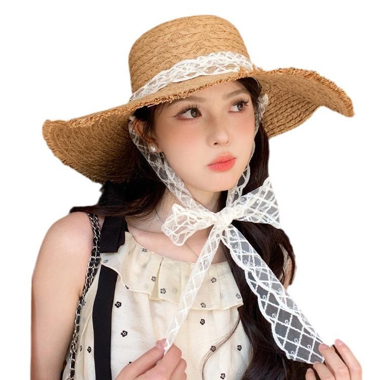 Lace lace-up woven straw hat women's summer outing big brim five-strand sun hat seaside UV protection sand