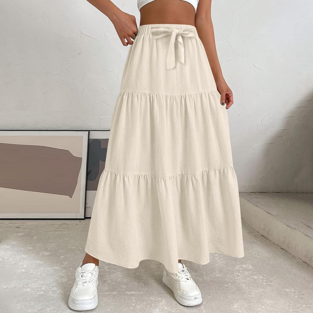 Women's Ruffled Spring Casual Long Skirt Plain Color Skirt Retro Pleated Skirt