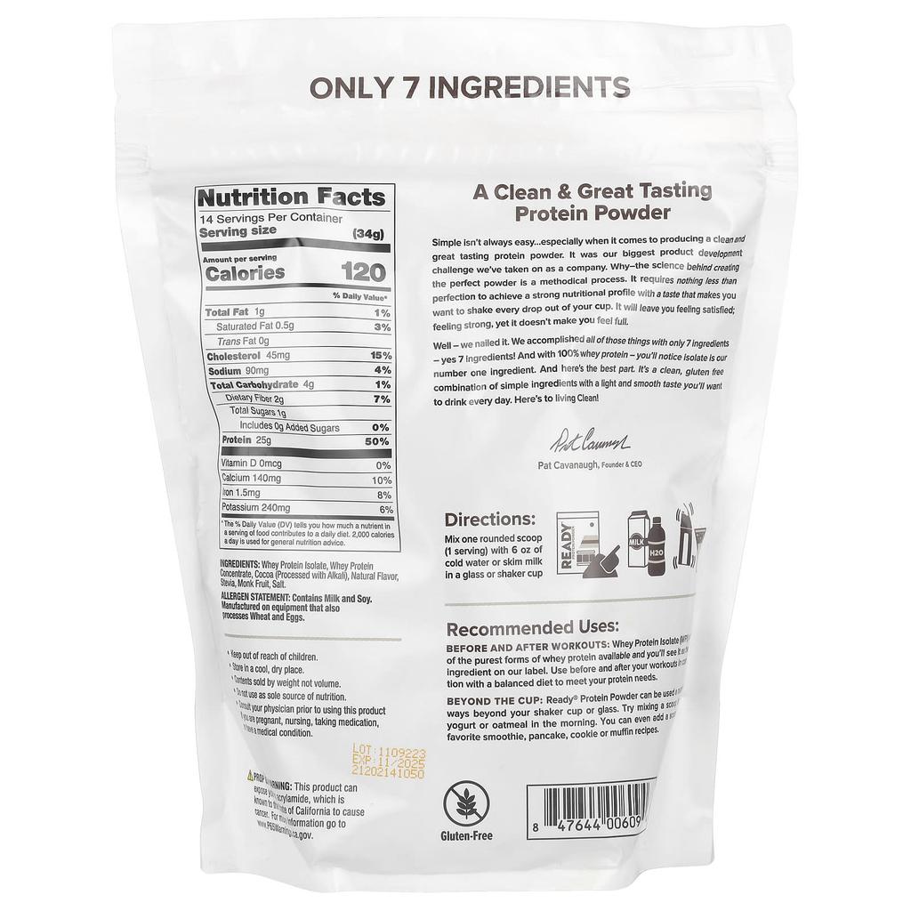 Ready 100% Whey Protein Powder, Chocolate, 1 Lb (476 G)