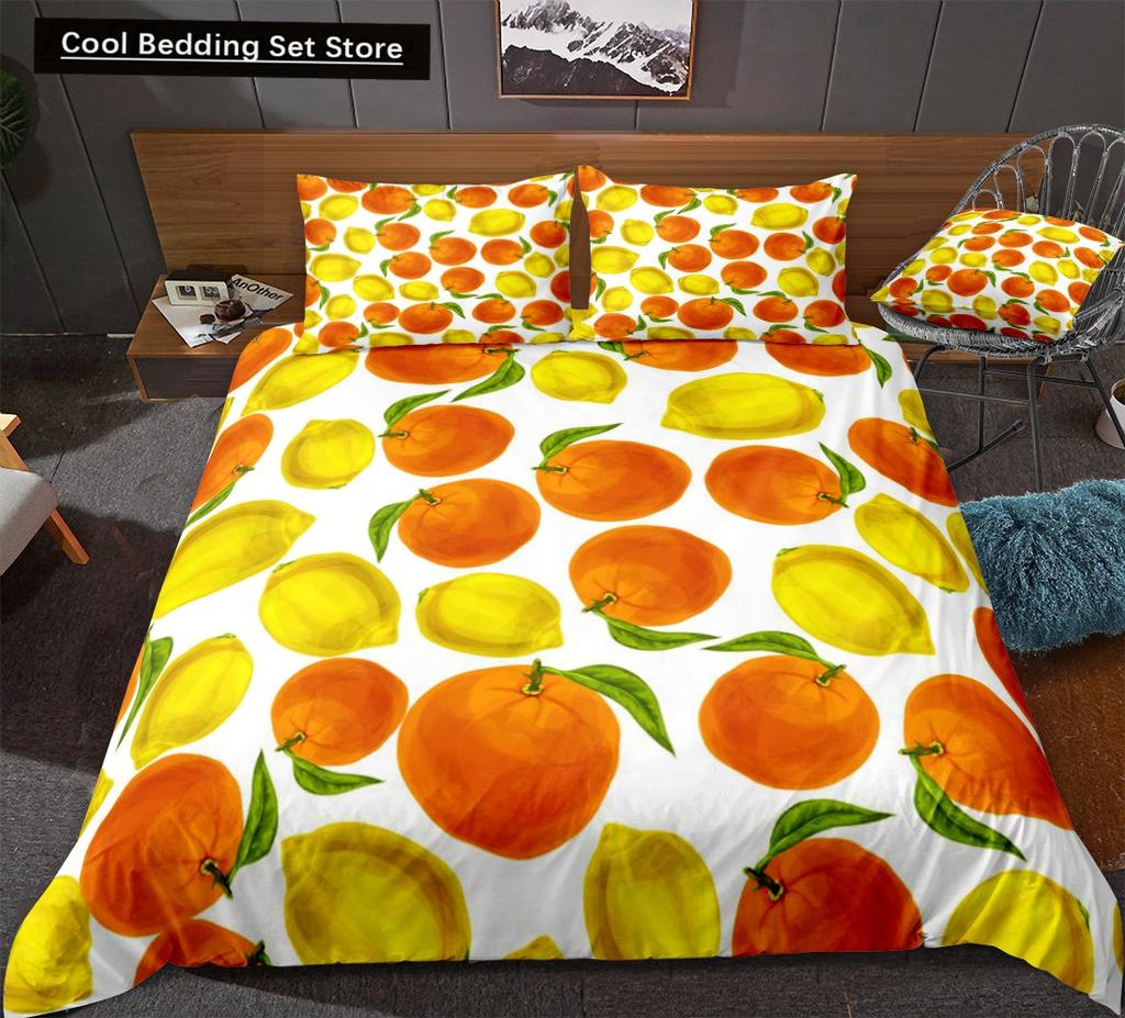 Постельный комплект с принтом лимонов Желто-зеленый Фруктовая тематика Розовый Пододеяльник Размер Кинг/Евро Милый Мультяшный 2/3 шт. Полиэстеровый Чехол для одеяла