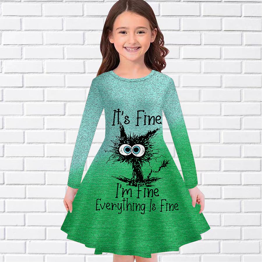 Повседневное платье для девочки с английским принтом кота и круглым вырезом, длинными рукавами, детское платье принцессы