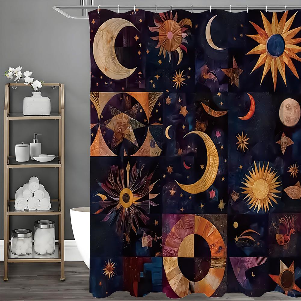 Sun Moon Geometric Collage Shower Curtain, Bathroom Decorative Shower Curtain, Waterproof Shower Curtain with Hooks