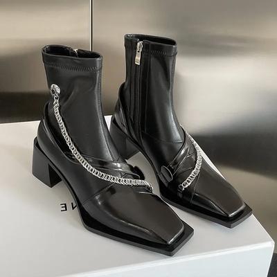 Ботильоны с цепочкой, женские туфли на высоком каблуке с квадратным носком, кожаные туфли, женские, трендовые туфли 2024 года, зимние туфли-гладиаторы, зимние туфли-челси Botas De Mujer