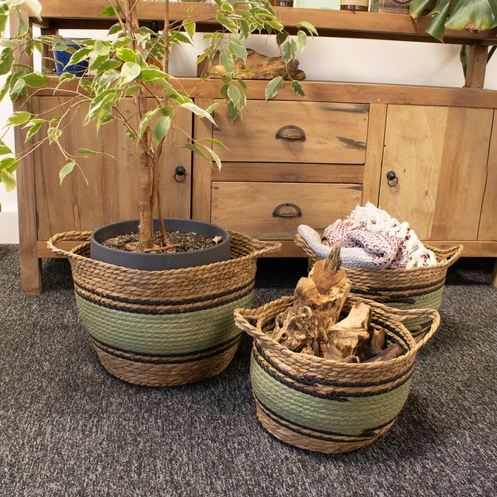 Cotton & Seagrass Large Baskets – Natural Black & Green- Set of 3