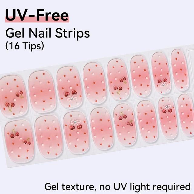 16Tips Non-toxic Gel Nail Strips Full Cover Shining Cherry Design Baking-Free DIY Self-Adhesive Manicure Decoration Nail Art