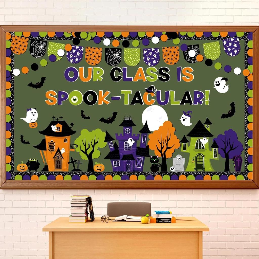 Pasimy Halloween Bulletin Board Decorations Set Halloween Theme Classroom Decor Spider Bat Ghost Pumpkin Cutouts with Borders for Home School Party