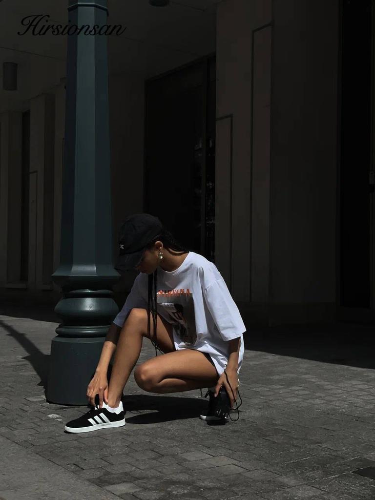 Hirsionsan 100% Cotton Graphic Print T Shirt Women 2024 Summer New Basic Vintage Tee Casual Loose Chic O Neck Female Couple Tops