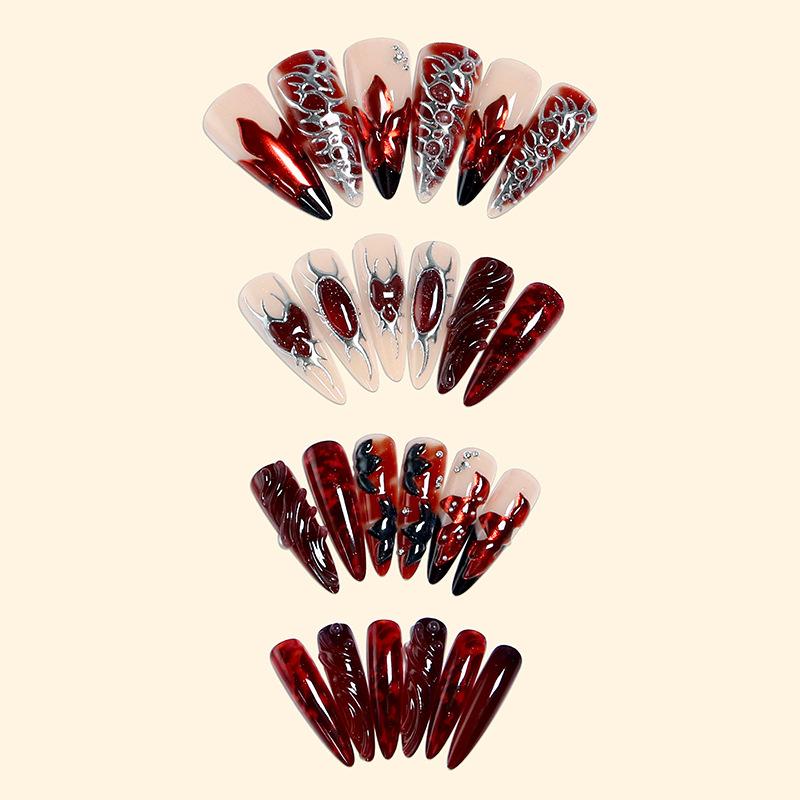 Ge Fengte Wearing Nails Burgundy Three-dimensional Carved Metal Thorns Love Long Pointed Nail Art