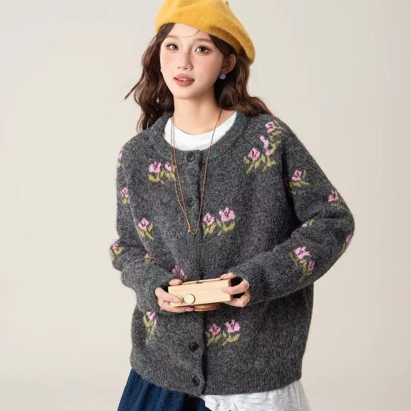 Flower Decoration Women's Sweater Round Collar Solid Color Long Sleeved Cardigan French Style Autumn New Version Sweet Woman Top