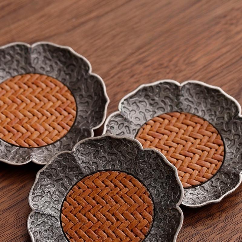 Антикварная подставка для чайной чашки из серебряного сплава, бамбуковая циновка, термоизолированная чайная чашка, подставка для чашки, чайное блюдце, аксессуары для чайного набора кунг-фу