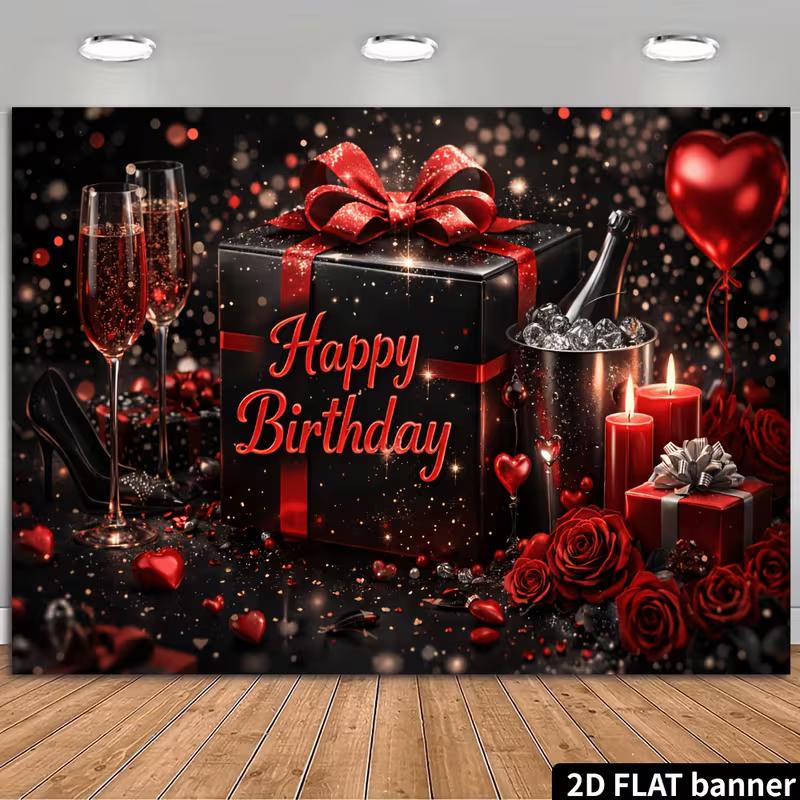 2D Black Red Rose Champagne Gift Box Birthday Backdrop Red Heart Balloon Photo Background Banner