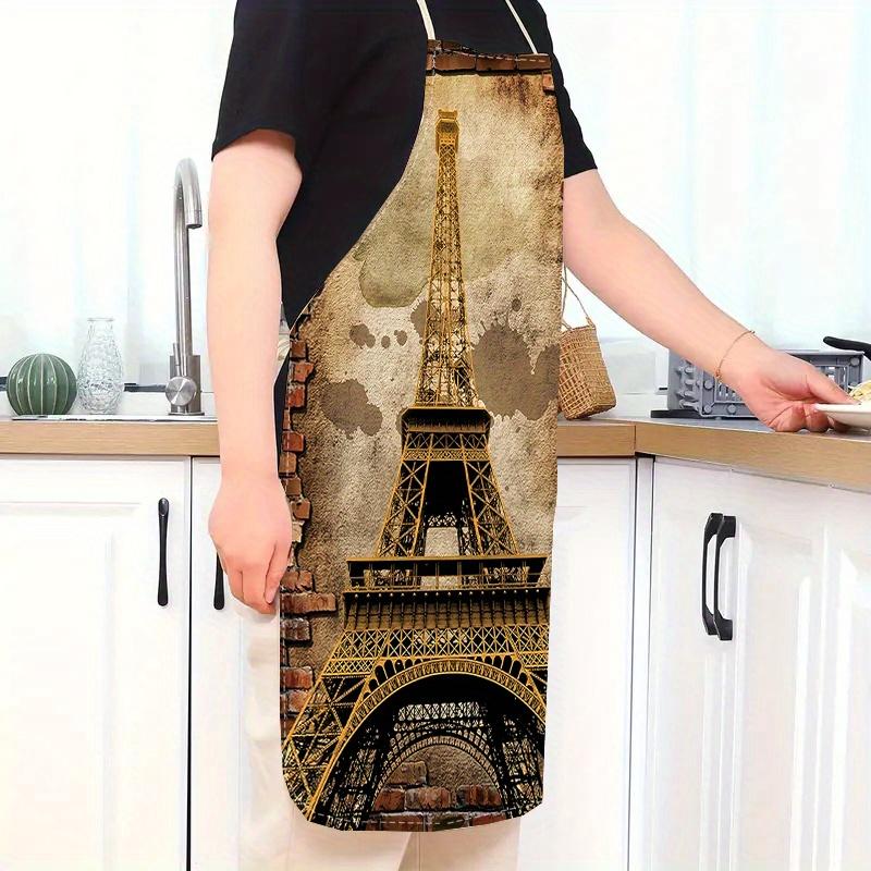 1 piece vintage iron tower print apron, household kitchen cooking/durable cleaning work apron party and holiday decorative apron