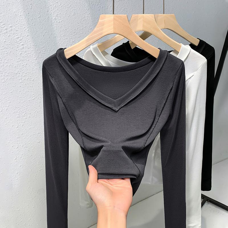 Белая французская ключица открытая V-образный вырез плечо футболка для женщин с длинным рукавом круглый вырез внутренняя базовая рубашка омолаживающий модный топ
