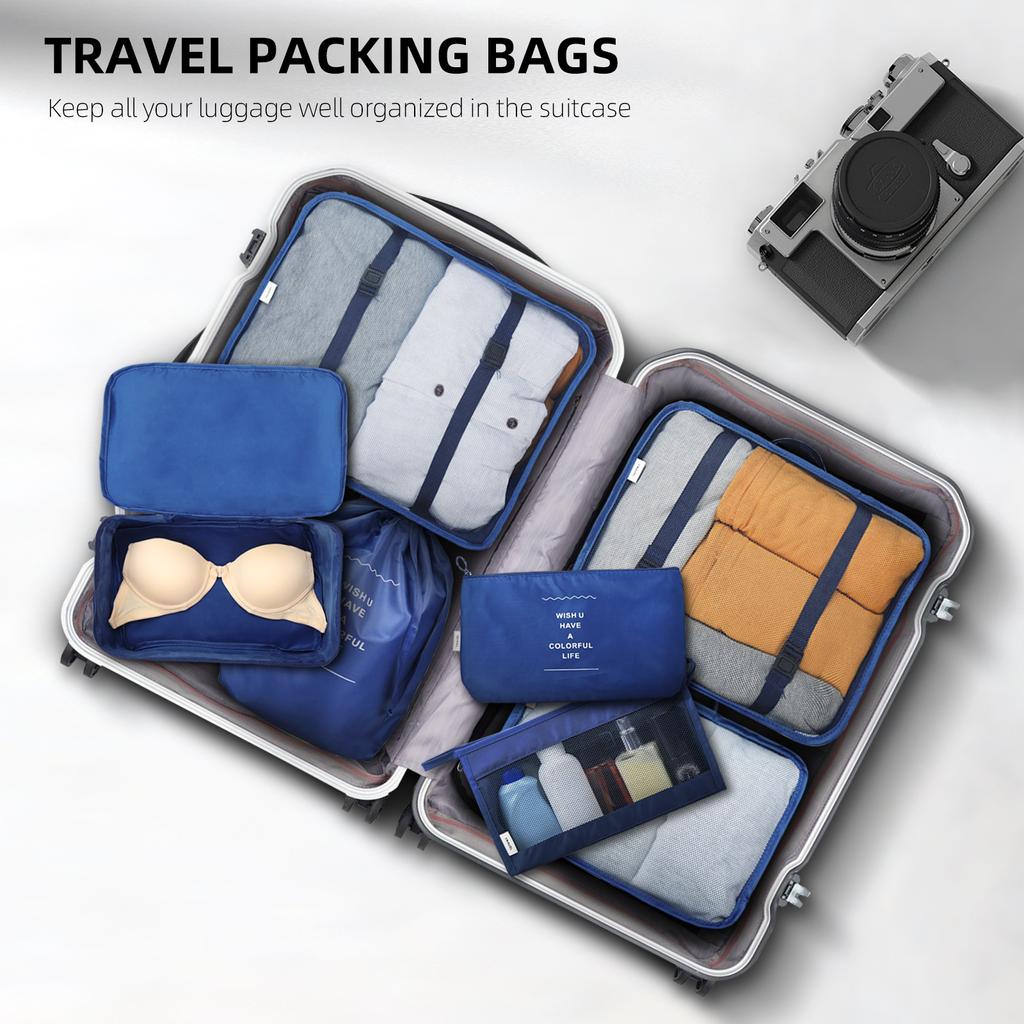 7PCS Packing Cubes Travel Packing Bags Luggage Organizers Mesh Bags Toiletry Bag Underwear Bag
