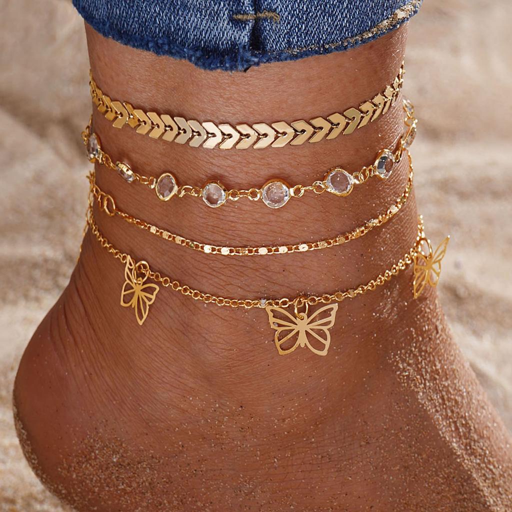 2023 Summer Butterfly Anklet Fashion Gold 5 Piece Ornament Luxury Women Sexy Beach Snake Pendant Crystal Diamond Anklet Accessory Gift Anklet Set Set