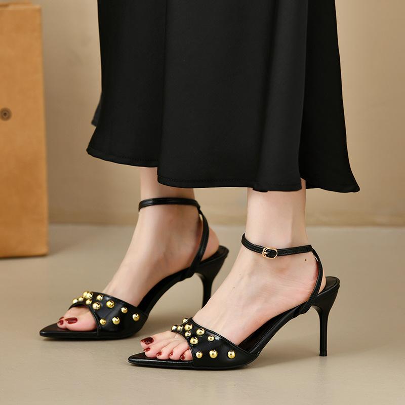 New niche design rivet open-toed high heels women's thin heels beautiful sandals women