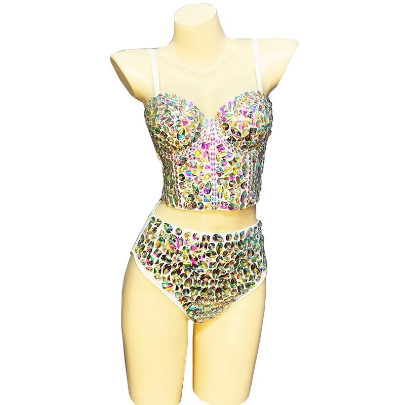 Flashing Sexy Stage Costumes Corsets for Women Bra High Waist Pants Stone Hand Made 2 Piece Bodysuit Costume Dancer Wear Outfit