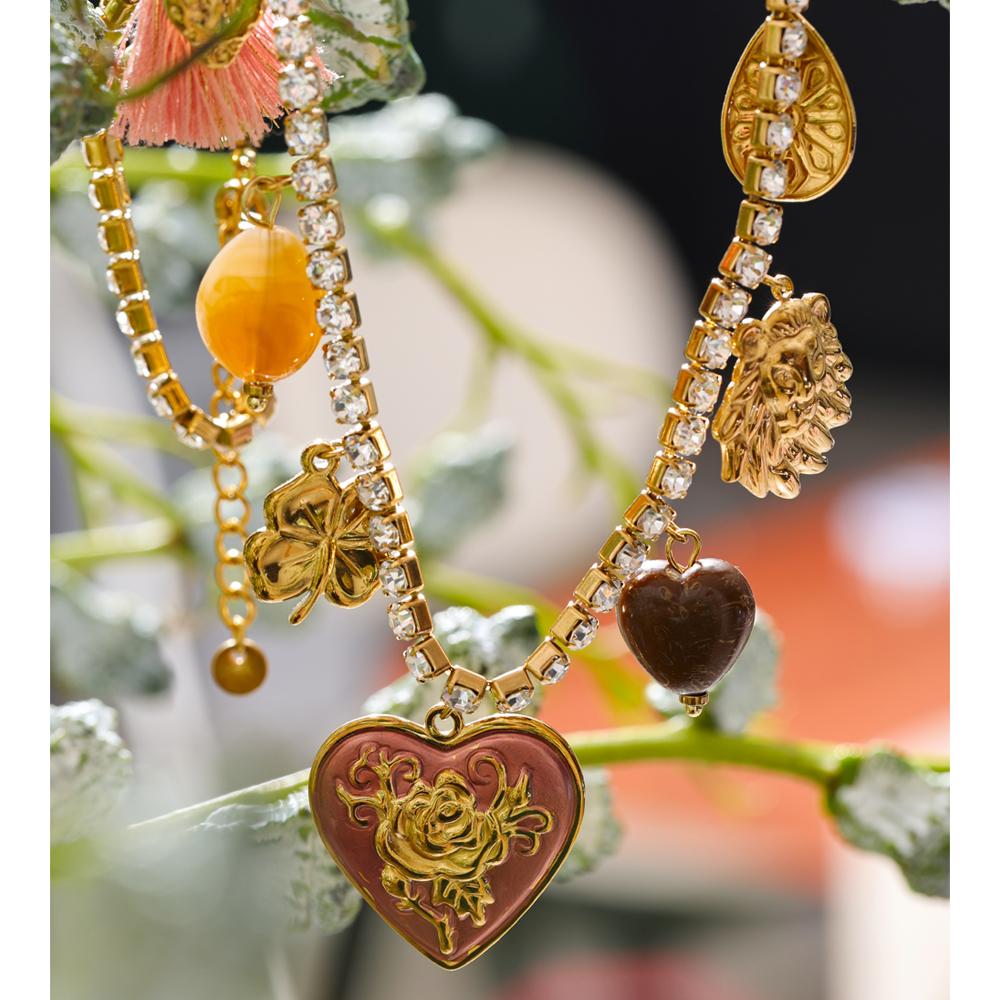 Yhpup Shiny Cubic Zirconia Chain Acrylic Enamel Heart Flower Charm Pendant Necklace Waterproof Stainless Steel Exquisite Jewelry