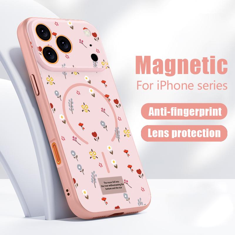 Чехол с узором из цветов и листьев для iPhone 17 Pro Max Магнитный для Magsafe Гибридный Тонкий Матовый Чехол для iPhone 16 15 14 13 Pro Max
