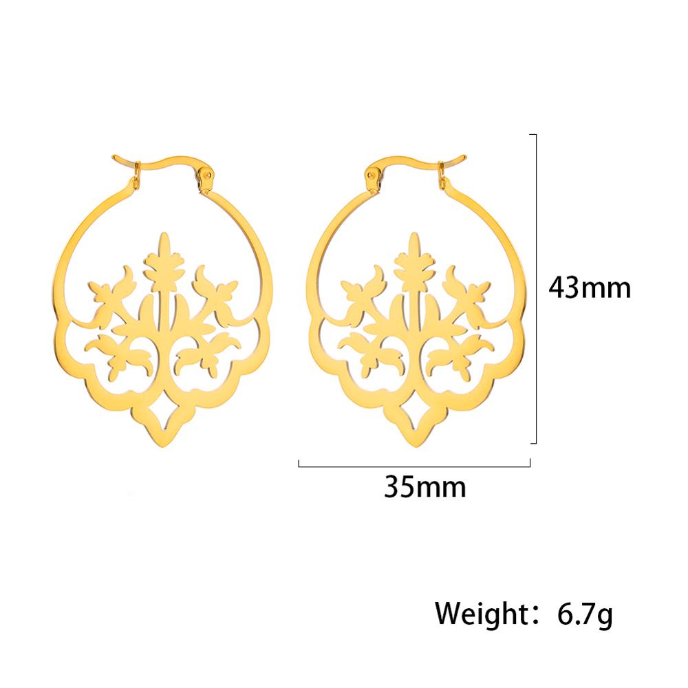 Vintage Flower Tree Hoop Earrings for Women Stainless Steel Gold Round Circle Boho Earring Female Jewelry Gift