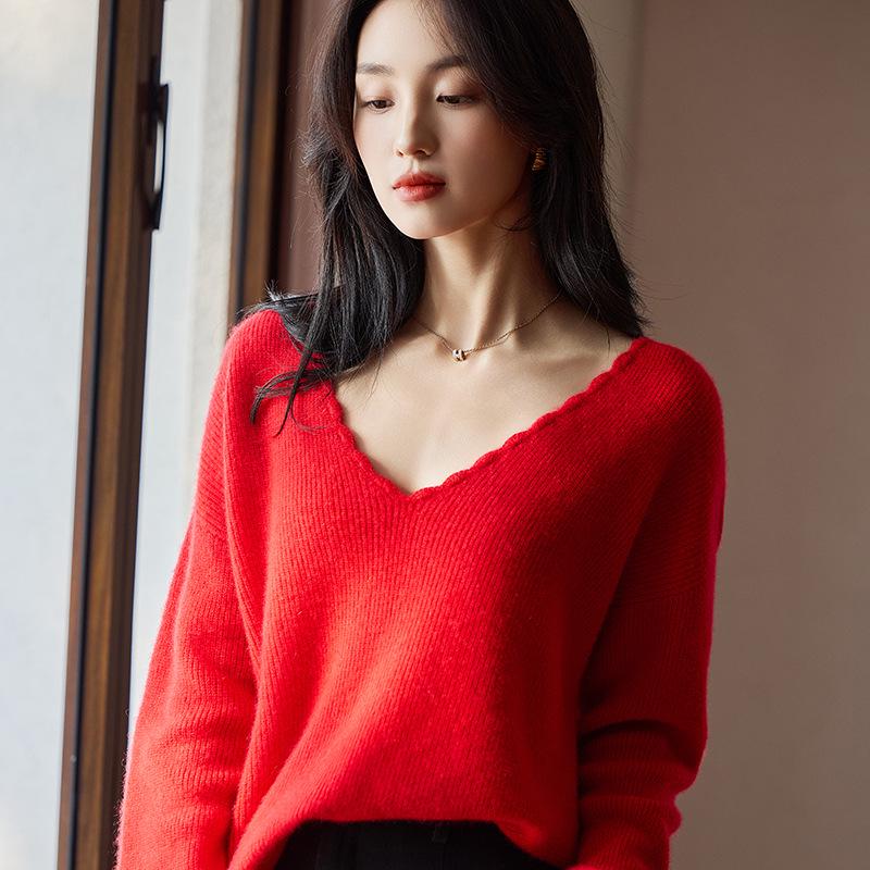 Early Autumn V-Neck Crochet Lace Wool Sweater – 100% Wool, Loose Fit, Long Sleeve for Women
