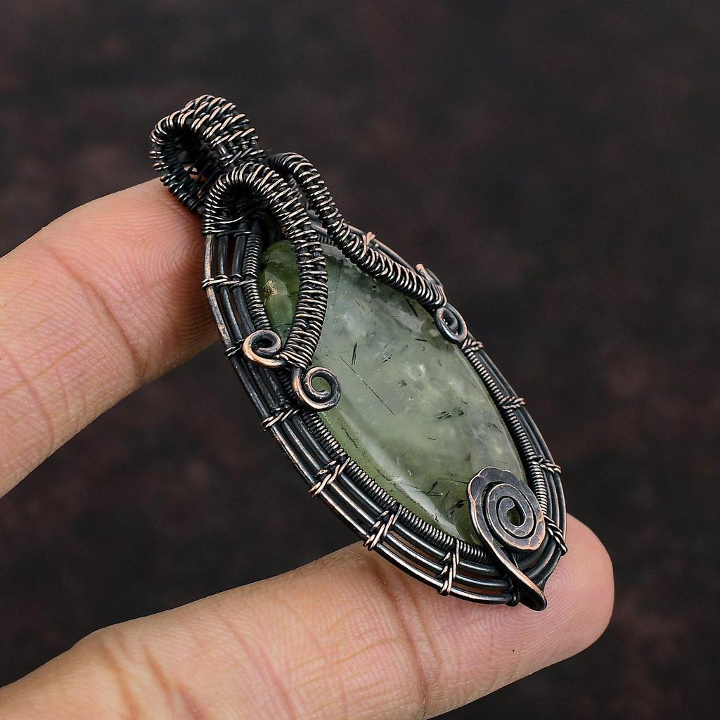 Moss Prehnite Pendant Copper Wire Wrapped Pendant Gemstone Pendant Moss Prehnite Copper Jewelry For Gift Handmade Pendant Wire Wrap Jewelry