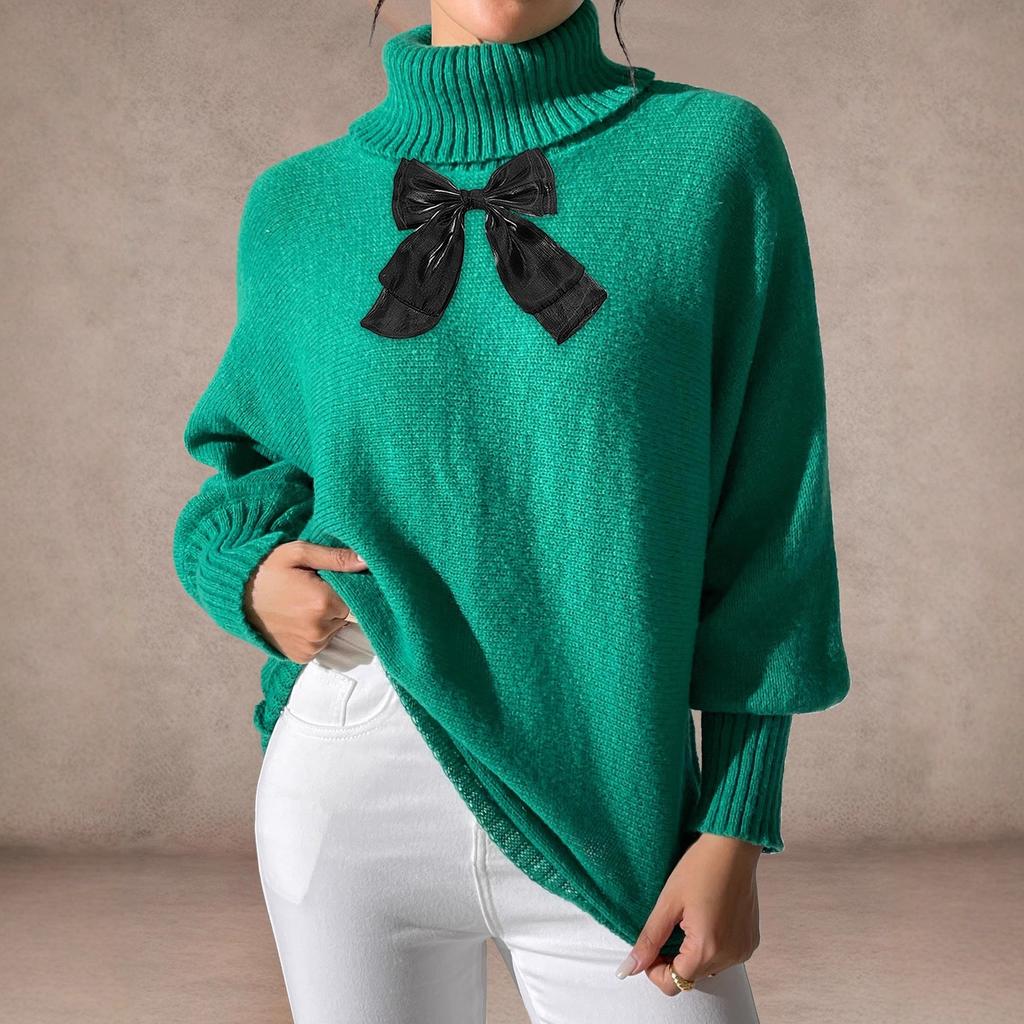 Women's Base Layer, Autumn and Winter Bat-sleeved Top, Lace Bow Patchwork High-neck Pullover Sweater