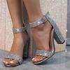 Fashion Liyke 2025 New Fashion Glitter Sequined Ankle Strap Square High Heels Gladiator Sandals Women Summer Open Toe Wedding Prom Shoes