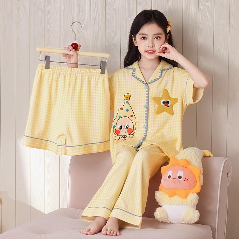 Cotton Cartoon Pajama Set Girls Short Sleeve Sleepwear 3-Piece Outfit Ages 8
