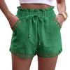 Women Summer Shorts Elastic Waist Shirring Edge Hollow Out Side Pockets Solid Color Loose Above Knee Length Casual Sport Daily Mini Shorts EMA