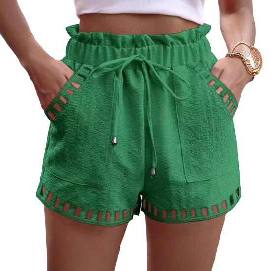 Women Summer Shorts Elastic Waist Shirring Edge Hollow Out Side Pockets Solid Color Loose Above Knee Length Casual Sport Daily Mini Shorts EMA