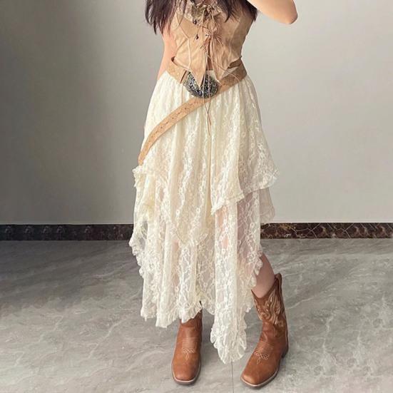 Ретро-юбка с эластичной высокой талией, кружевная юбка нестандартного дизайна, длинная юбка-миди во французском стиле с вышитым кружевом и цветочным узором