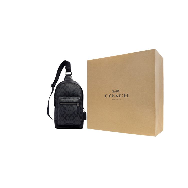 Coach West 20 Классический Логотип Многофункциональная Карманная Сумка-Кроссбоди из Покрытого Холста и Кожи Мужская Сумка-Кроссбоди Черная 2853-QBAF4