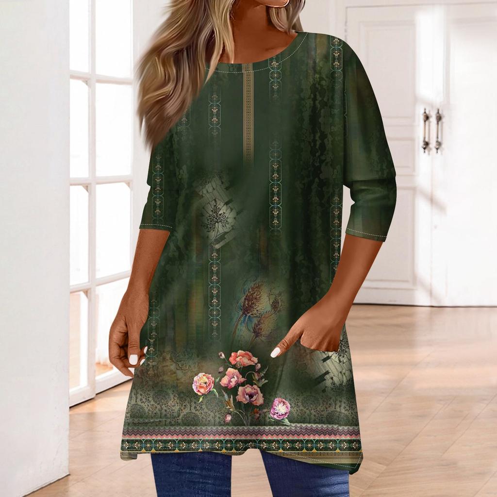 Топы с рукавами 3/4 для женщин, футболка, повседневные топы с принтом, футболка, пуловер с круглым вырезом, блузка