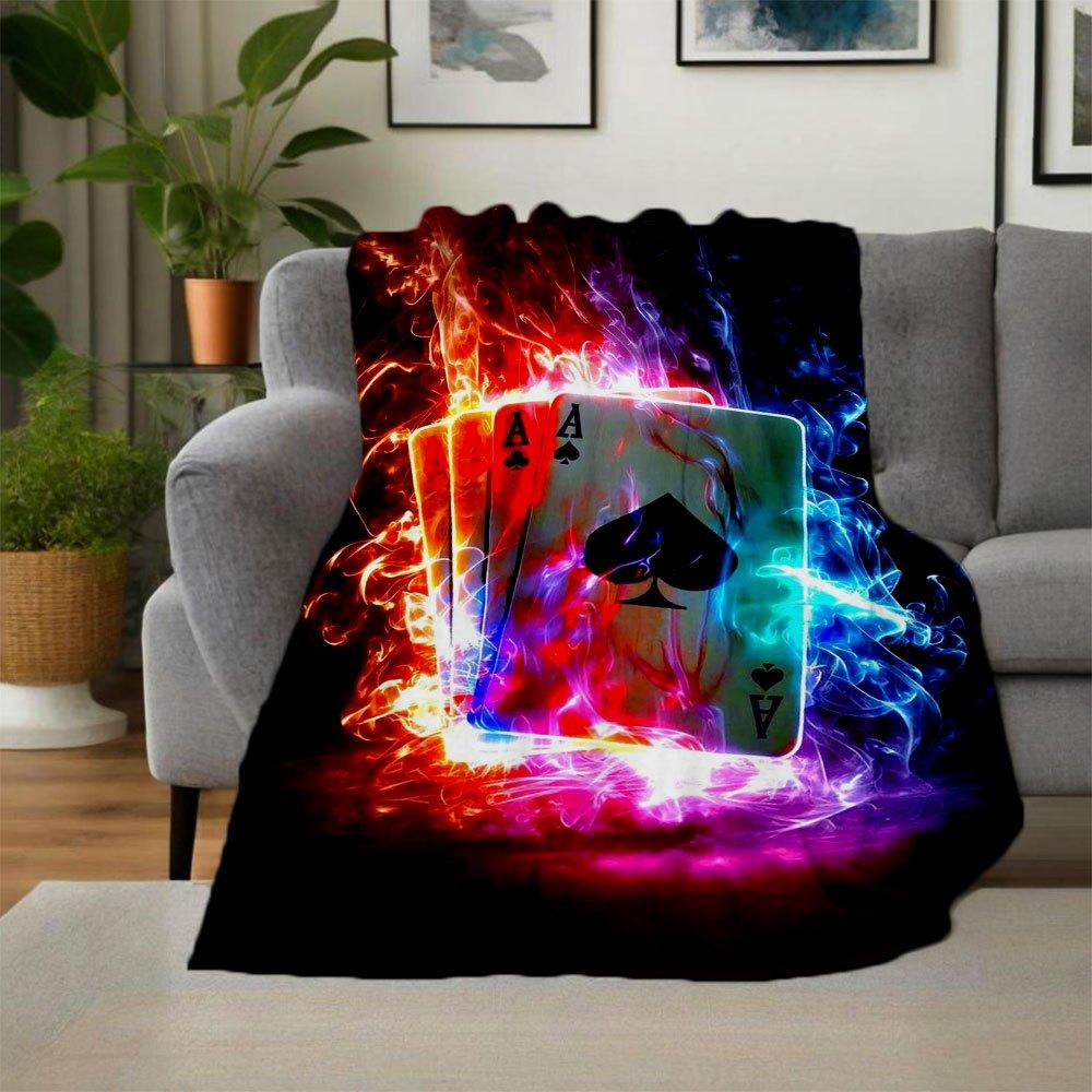 "Flaming Ace of Spades Playing Cards - Neon Poker Deck"Blanket Flannel Throw Blanket for Sofa, Bed, Travel, Camping, Office