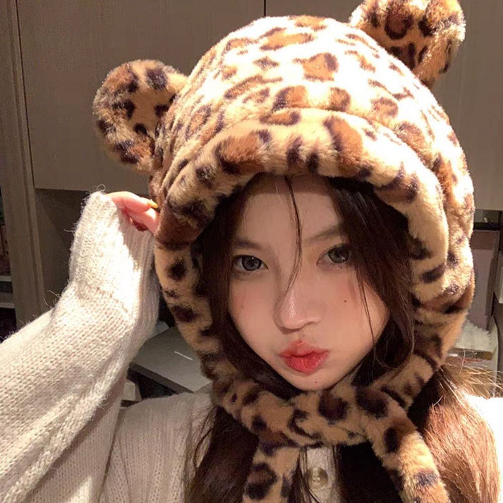 Korean Style Plush Bear Hat Leopard Print Ear Protection Hat Warm Cartoon Fleece Hat  Girls